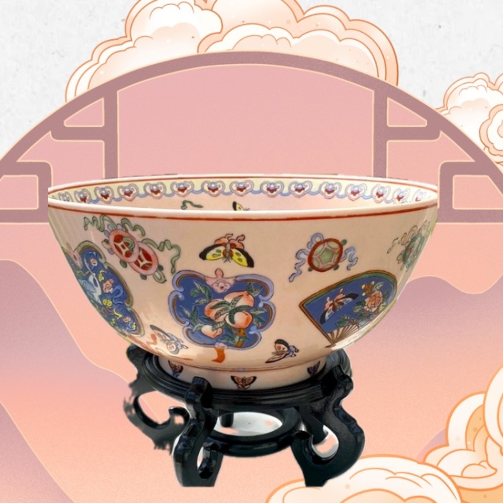 Extra Large Enamel On Porcelain Butterfly, Bird & Floral Centerpie…